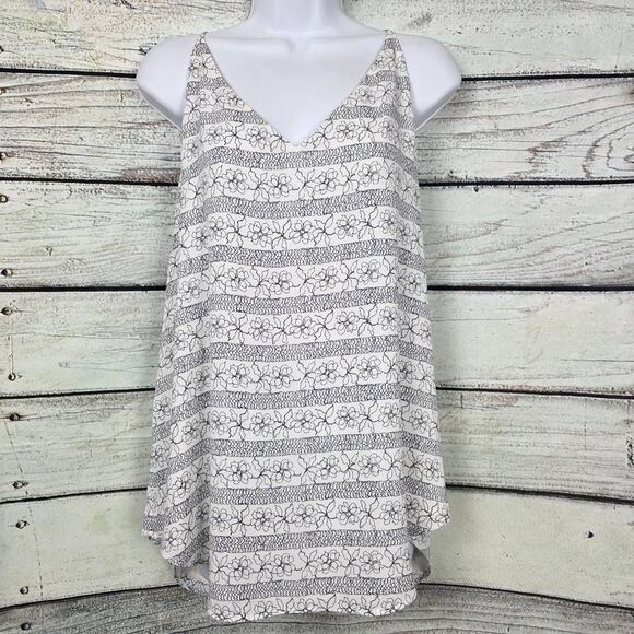 LOFT L White Black Floral Striped Cami Top - Picture 1 of 7